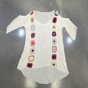 Size S, 4 Boho Crochet Granny Square Shoulder Tunic Blouse White Gauzy Festival